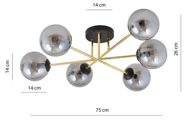 Plafoniera Moderna Magnium 6 Luci In Acciao Oro E Sfere In Vetro Fumè
