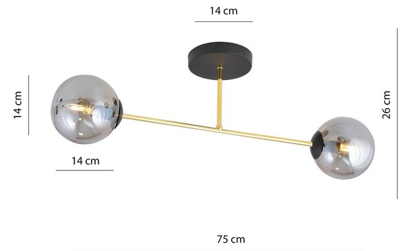 Plafoniera Moderna Magnium 2 Luci In Acciao Oro E Sfere In Vetro Fumè