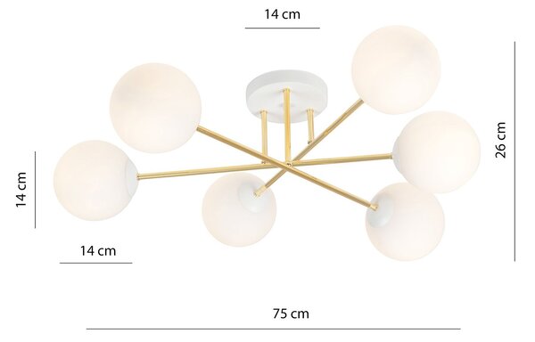 Plafoniera Moderna Magnium 6 Luci In Acciao Oro E Sfere In Vetro Bianco