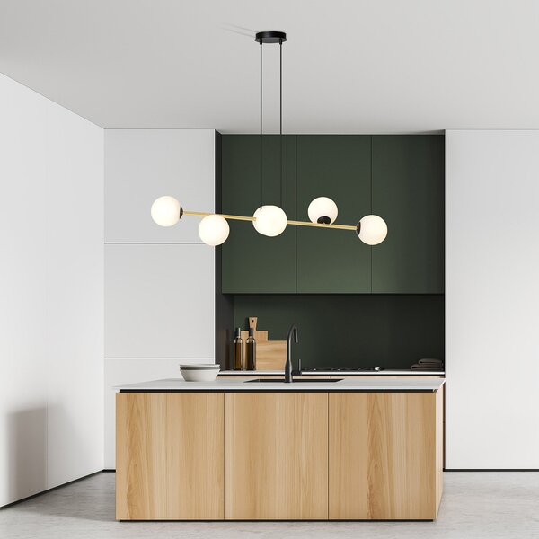 Sospensione Contemporanea Okami 6 Luci Acciaio Oro Sfere In Vetro Bianco