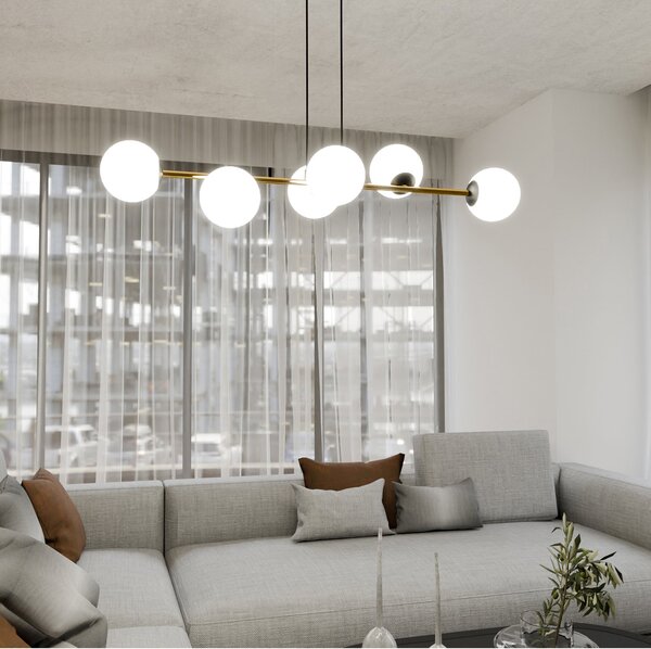 Sospensione Contemporanea Okami 6 Luci Acciaio Oro Sfere In Vetro Bianco
