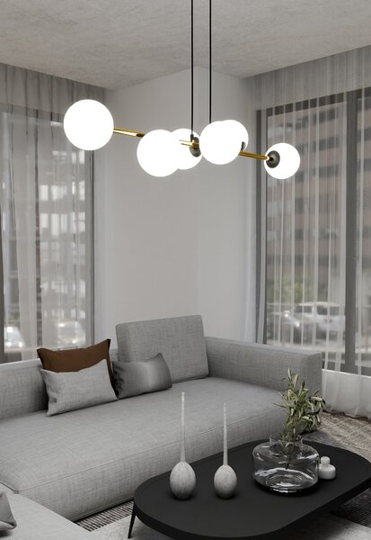 Sospensione Contemporanea Okami 6 Luci Acciaio Oro Sfere In Vetro Bianco