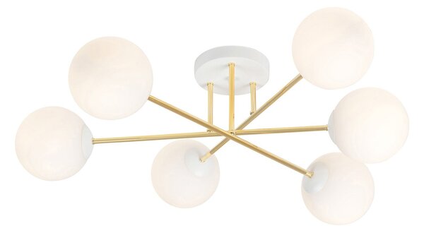 Plafoniera Moderna Magnium 6 Luci In Acciao Oro E Sfere In Vetro Bianco