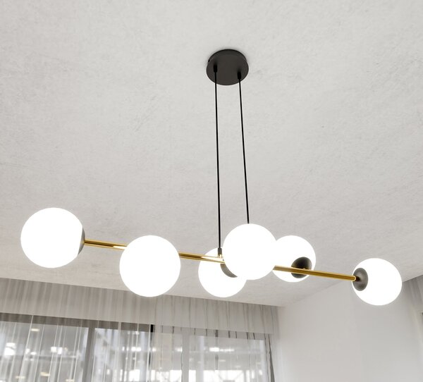 Sospensione Contemporanea Okami 6 Luci Acciaio Oro Sfere In Vetro Bianco