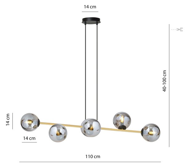 Sospensione Contemporanea Okami 6 Luci Acciaio Oro E Sfere In Vetro Fumè