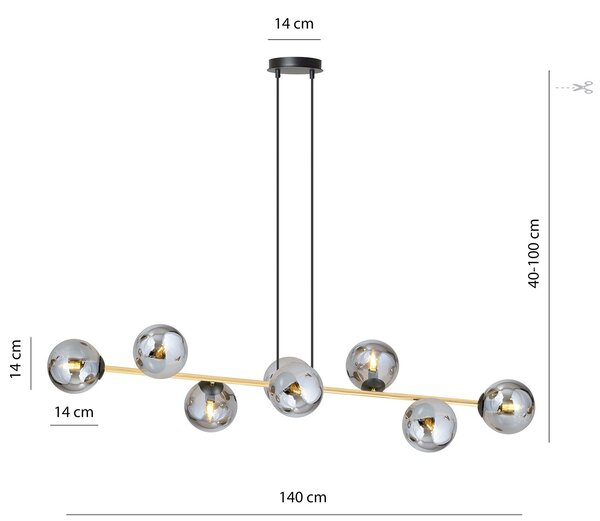 Sospensione Contemporanea Okami 8 Luci Acciaio Oro E Sfere In Vetro Fumè