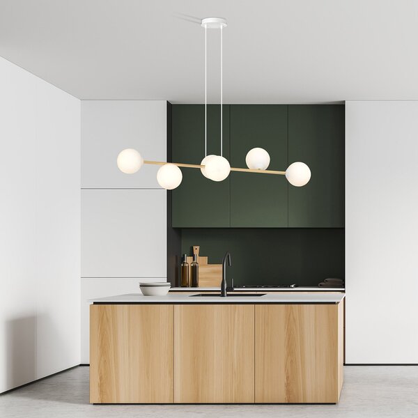 Sospensione Contemporanea Okami 6 Luci Acciaio Bianco Oro Vetro Bianco