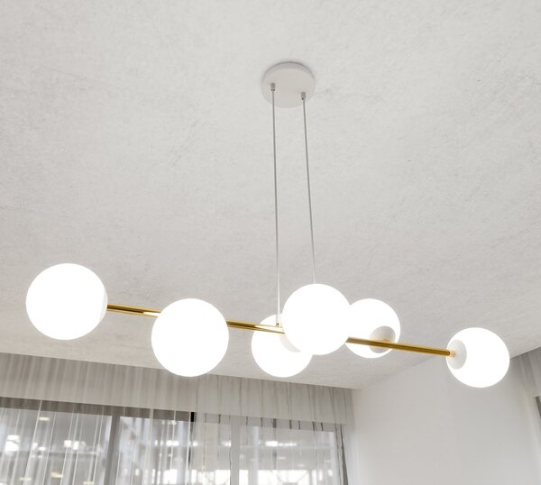 Sospensione Contemporanea Okami 6 Luci Acciaio Bianco Oro Vetro Bianco