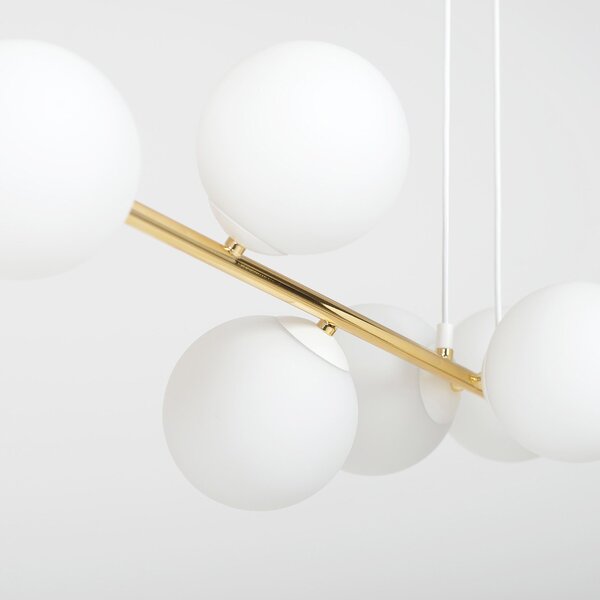 Sospensione Contemporanea Okami 6 Luci Acciaio Bianco Oro Vetro Bianco