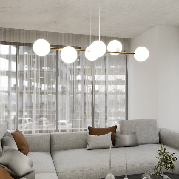 Sospensione Contemporanea Okami 6 Luci Acciaio Bianco Oro Vetro Bianco
