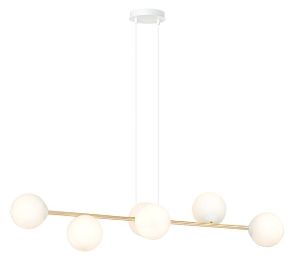 Sospensione Contemporanea Okami 6 Luci Acciaio Bianco Oro Vetro Bianco