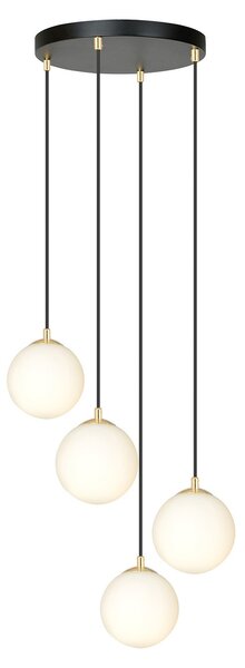 Sospensione Contemporanea Yudi 4 Luci Acciaio Nero/Oro Sfere Vetro Bianco