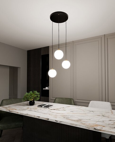 Sospensione Contemporanea Yudi 3 Luci Acciaio Nero/Oro Sfere Vetro Bianco