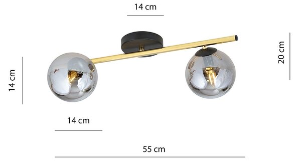Plafoniera Contemporanea 2 Luci Yudi Acciaio Oro/Nero E Sfere Vetro Fumè