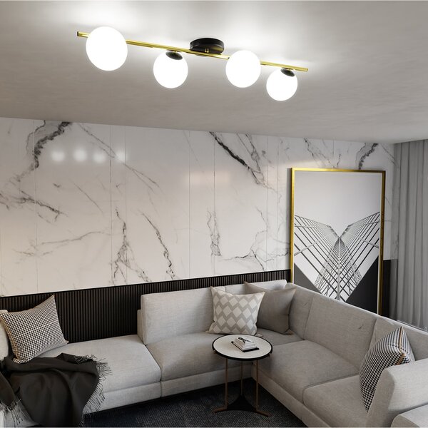 Plafoniera Contemporanea 4 Luci Nü Kua Acciaio Oro/Nero Sfervetro Bianco