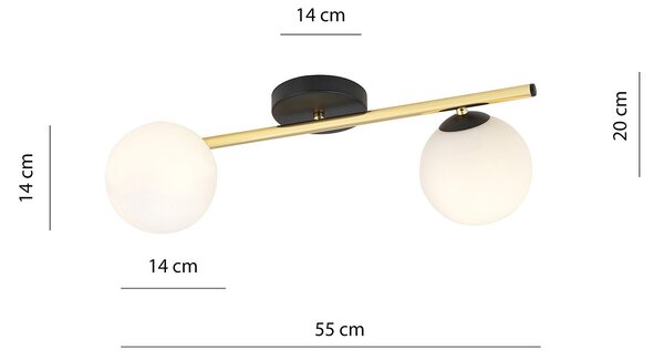 Plafoniera Contemporanea 2 Luci Naza Acciaio Oro/Nero Sfervetro Bianco