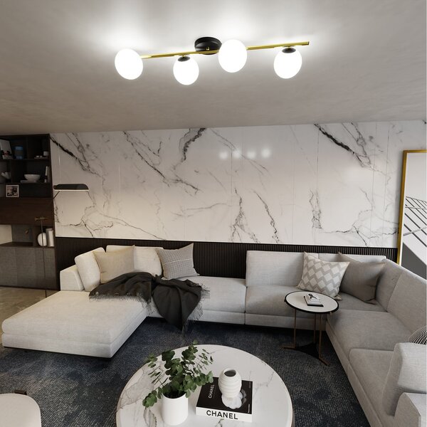 Plafoniera Contemporanea 4 Luci Nü Kua Acciaio Oro/Nero Sfervetro Bianco
