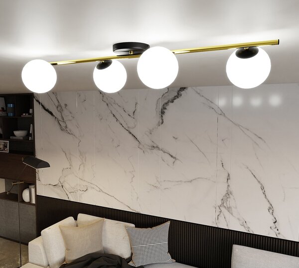 Plafoniera Contemporanea 4 Luci Nü Kua Acciaio Oro/Nero Sfervetro Bianco