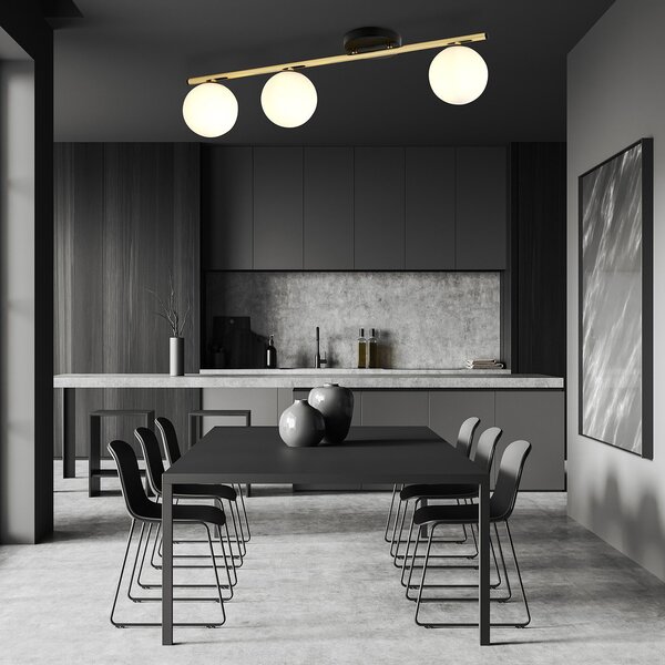 Plafoniera Contemporanea 3 Luci Wugu Acciaio Oro Nero Sfervetro Bianco