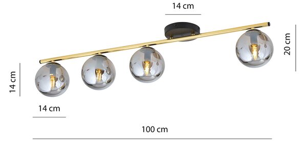 Plafoniera Contemporanea 4 Luci Wugu Acciaio Oro E Sfere Vetro Fumè