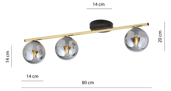 Plafoniera Contemporanea 3 Luci Nü Kua Acciaio Oro E Sfere Vetro Fumè