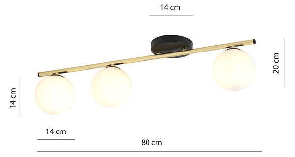 Plafoniera Contemporanea 3 Luci Wugu Acciaio Oro Nero Sfervetro Bianco