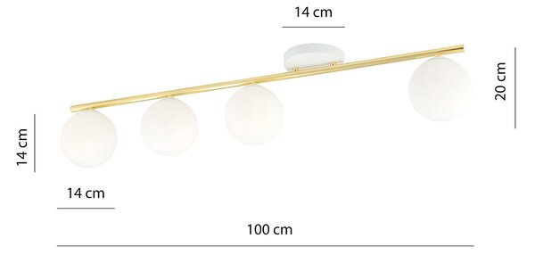 Plafoniera Contemporanea 4 Luci Wugu Acciaio Oro E Sfere Vetro Bianco