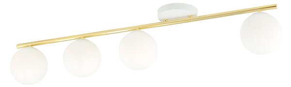 Plafoniera Contemporanea 4 Luci Wugu Acciaio Oro E Sfere Vetro Bianco