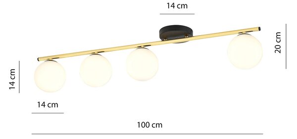 Plafoniera Contemporanea 4 Luci Wugu Acciaio Oro Nero Sfervetro Bianco