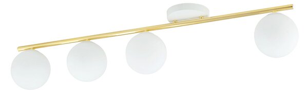 Plafoniera Contemporanea 4 Luci Wugu Acciaio Oro E Sfere Vetro Bianco