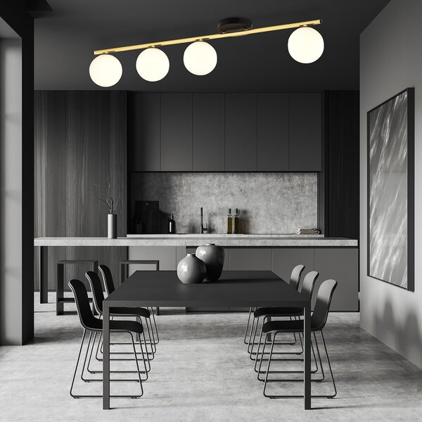 Plafoniera Contemporanea 4 Luci Wugu Acciaio Oro Nero Sfervetro Bianco