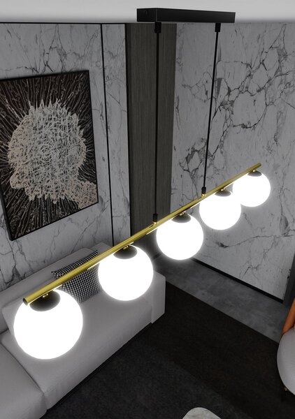 Sospensione Contemporanea 5 Luci Alora Acciaio Oro Nero Sfervetro Bianco