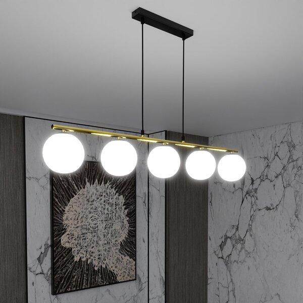 Sospensione Contemporanea 5 Luci Alora Acciaio Oro Nero Sfervetro Bianco