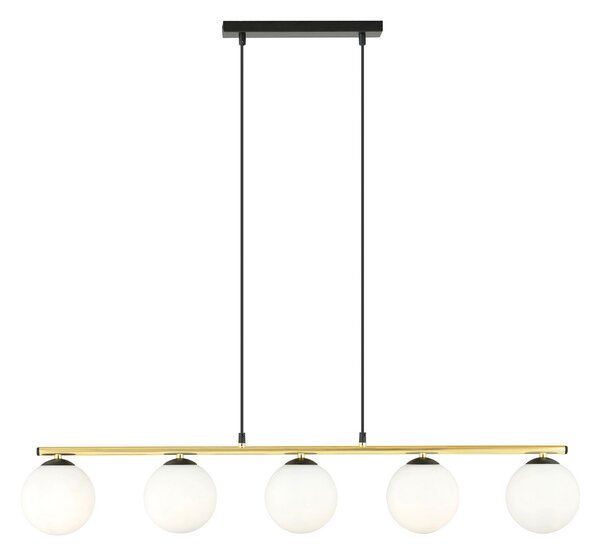 Sospensione Contemporanea 5 Luci Alora Acciaio Oro Nero Sfervetro Bianco