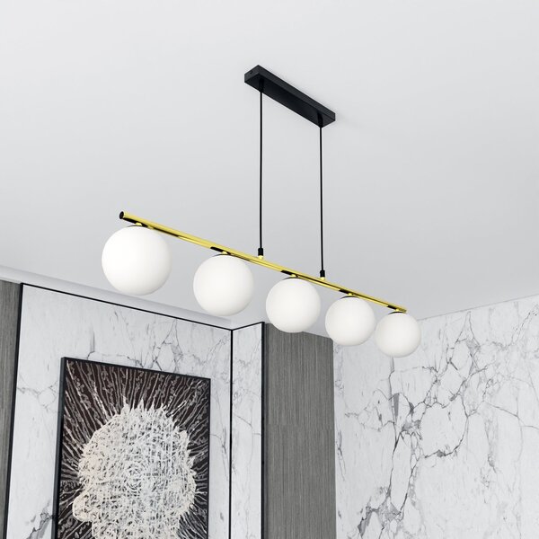 Sospensione Contemporanea 5 Luci Alora Acciaio Oro Nero Sfervetro Bianco