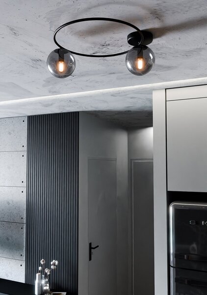 Plafoniera Minimal 2 Luci Chong In Acciaio Nero E Sfere In Vetro Fumè
