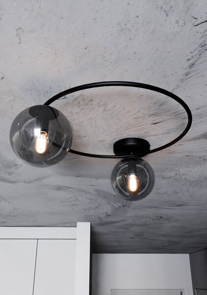 Plafoniera Minimal 2 Luci Chong In Acciaio Nero E Sfere In Vetro Fumè