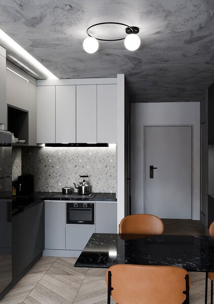 Plafoniera Minimal 2 Luci Chong Acciaio Nero E Sfere In Vetro Bianco