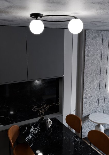 Plafoniera Minimal 2 Luci Chong Acciaio Nero E Sfere In Vetro Bianco