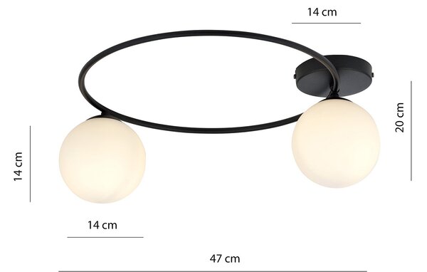 Plafoniera Minimal 2 Luci Chong Acciaio Nero E Sfere In Vetro Bianco