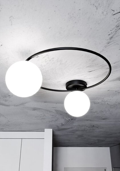 Plafoniera Minimal 2 Luci Chong Acciaio Nero E Sfere In Vetro Bianco