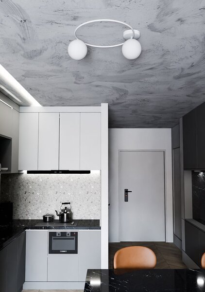 Plafoniera Minimal 2 Luci Chong Acciaio Bianco E Sfere In Vetro Bianco