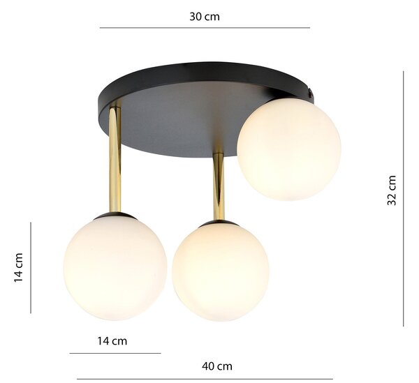 Plafoniera Contemporanea 3 Luci Myrddin Acciaio Nero Oro E Sfere Vetro Bianco
