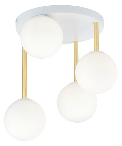 Plafoniera Contemporanea 4 Luci Myrddin Acciaio Bianco Oro Sfervetro Bianco