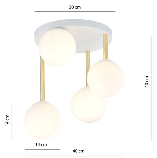 Plafoniera Contemporanea 4 Luci Myrddin Acciaio Bianco Oro Sfervetro Bianco