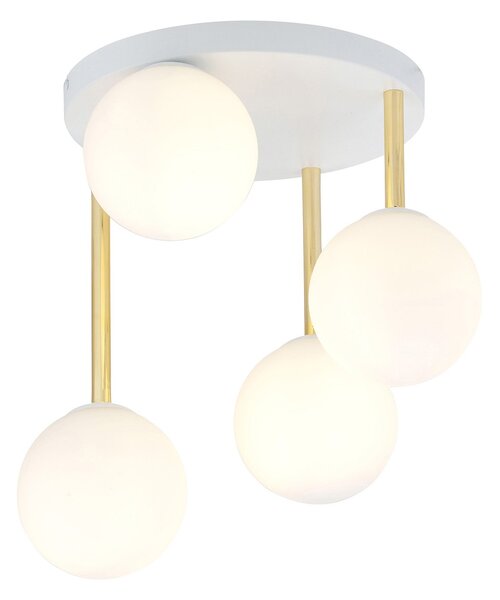 Plafoniera Contemporanea 4 Luci Myrddin Acciaio Bianco Oro Sfervetro Bianco
