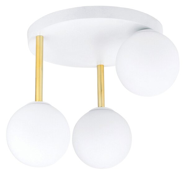 Plafoniera Contemporanea 3 Luci Myrddin Acciaio Bianco Oro Sfervetro Bianco