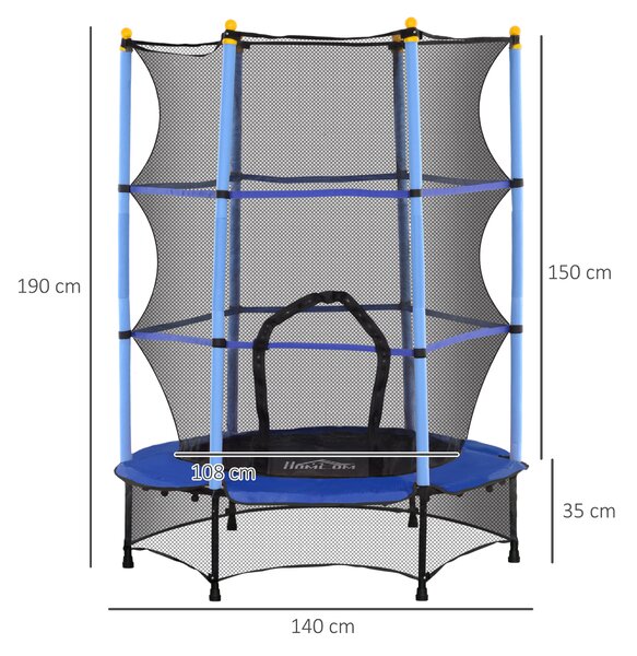 HOMCOM Tappeto Elastico per Bambini con Rete di Sicurezza e Pali Imbottiti Età 3-10 Anni, Ø140 x 190 cm, Blu