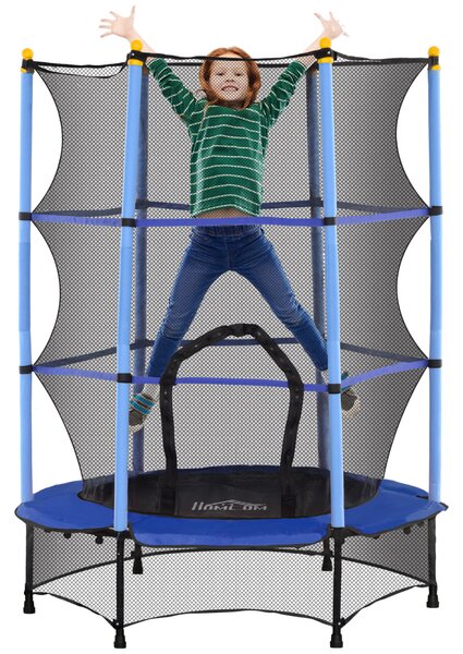 HOMCOM Tappeto Elastico per Bambini con Rete di Sicurezza e Pali Imbottiti Età 3-10 Anni, Ø140 x 190 cm, Blu