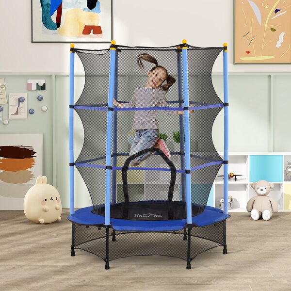 HOMCOM Tappeto Elastico per Bambini con Rete di Sicurezza e Pali Imbottiti Età 3-10 Anni, Ø140 x 190 cm, Blu